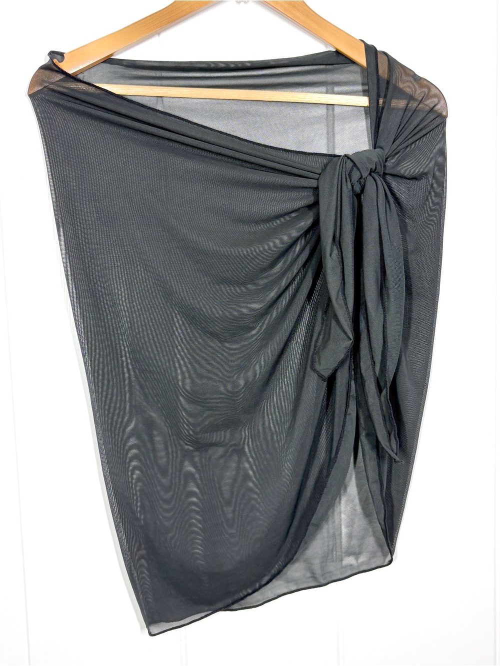 Nicole Miller Studio Black Sheer Mesh Tie-Front Solid Shawl Wrap Size Large
